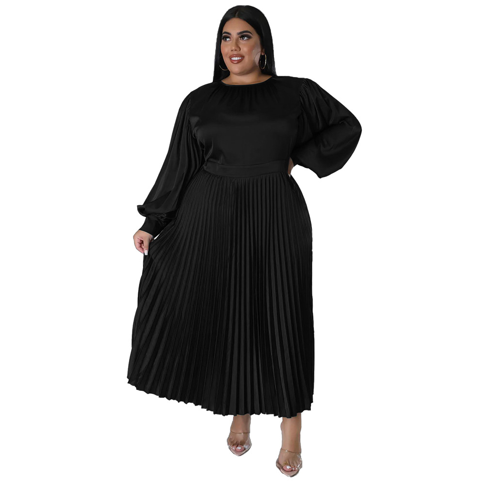 Women Plus Size Dresses A-Line Crew Neck Long Sleeve Wrap A Line Midi Pleated Dress, Rose red