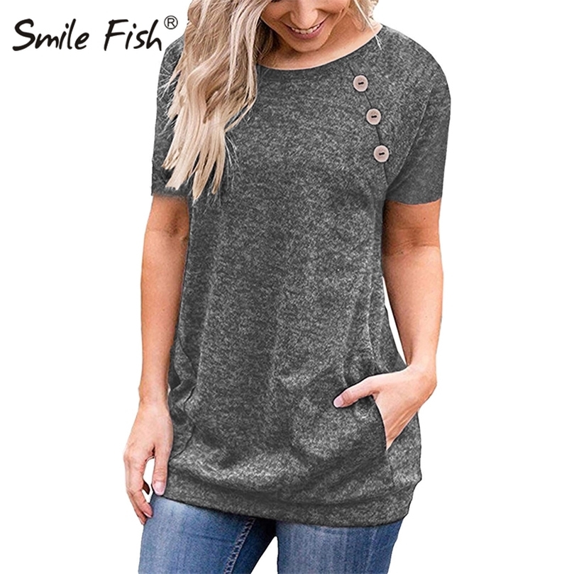 Basic T Shirt Day Winter Autumn Women T-s O-Neck Top Casual Buttons Pocket Bottoming Tee GV579 220307