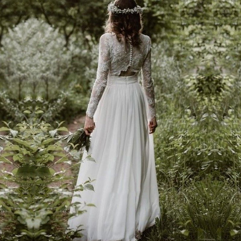 Two Piece Dress O-Neck Long Sleeves Lace Wedding Gown Bohemian Summer White Bride Dresses vestidos de novia