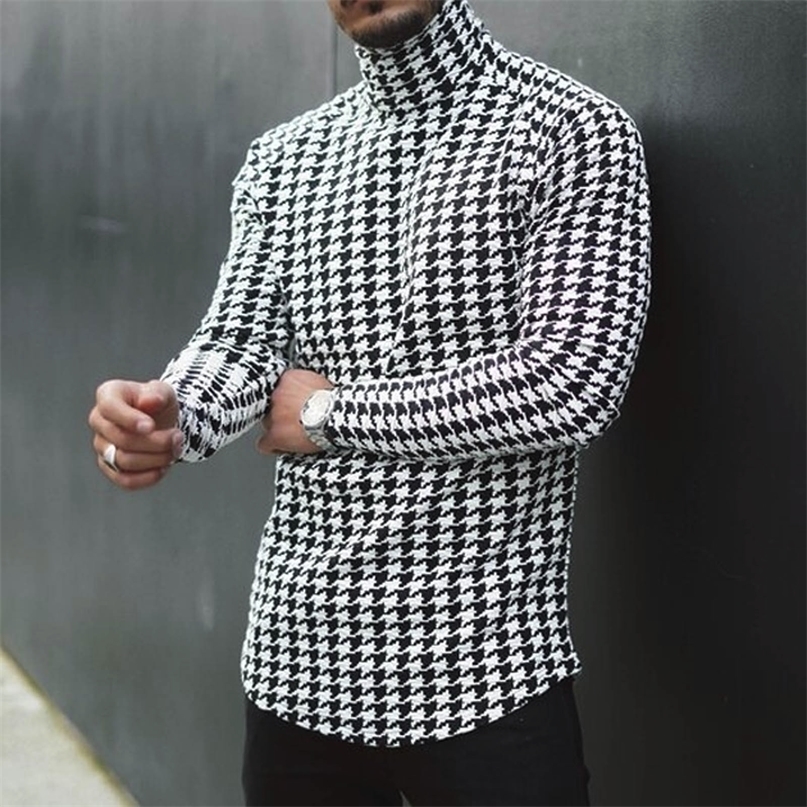 Men's Sweaters Fashion Men Turtleneck Long Sleeve Houndstooth Printed Slim Sweater Pullover Tops Casual Knitted Jumper Plus Size Pull Homme#35 221028