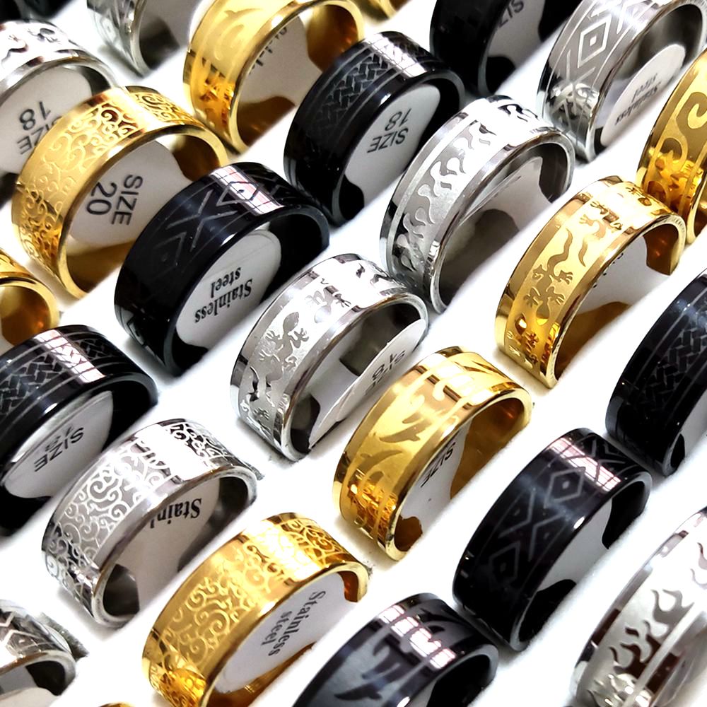 30pcs/lot Wholesale 8mm Stainless Steel Ring Etched Pattern Trendy Multi-Styles Mix Men Women Fashion Rings