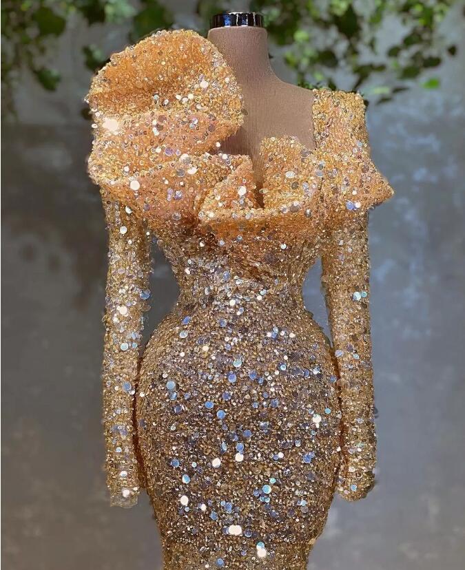 Glitter Gold Sequins Mermaid Prom Dresses Long Sleeves Plus Size Sweep Train Formal Evening Occasion Gowns Vestdidos De Novia