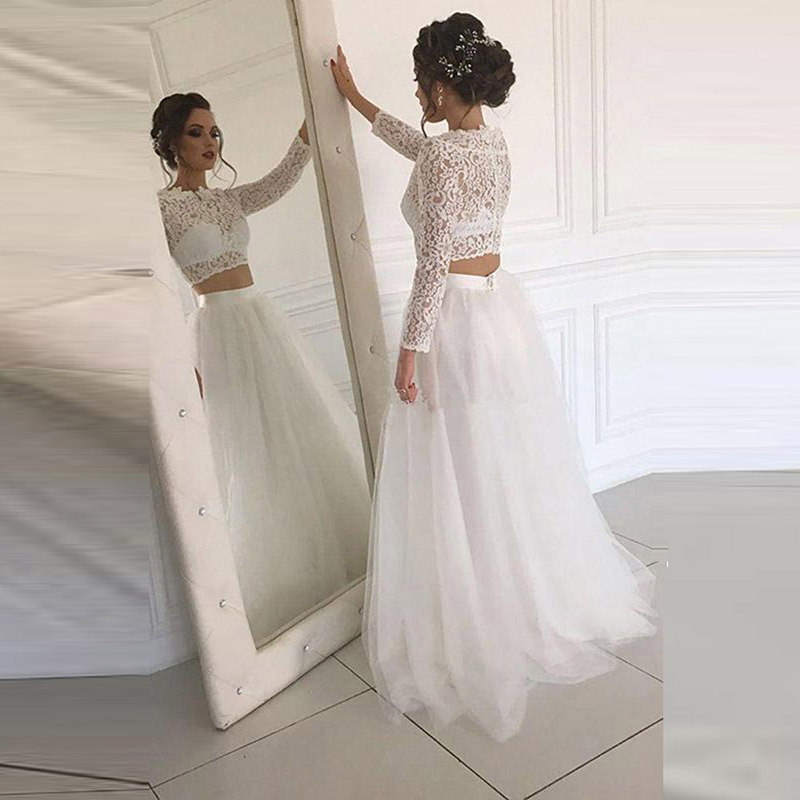 Charming On Sale Two Pieces Lace Long Sleeve Bridal Gowns Jewel Neck Illusion Back Wedding Dresses for Bride Full Length