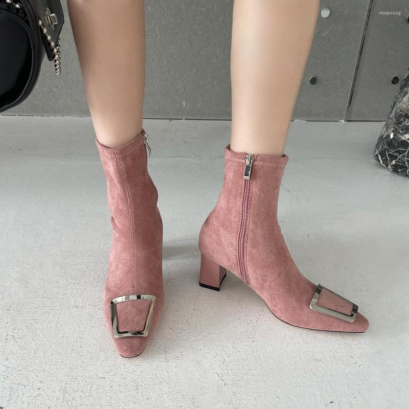 Boots Flock Women Ankle Round Toe Stretch Shoes Black/Pink Metal Buckle Thick High Heels Side Zipper Sock Booties Quality
Boots Flock Women Ankle Round Toe Stretch Shoes Black/Pink Metal Buckle Thick High Heels Side Zipper Sock Booties Quality