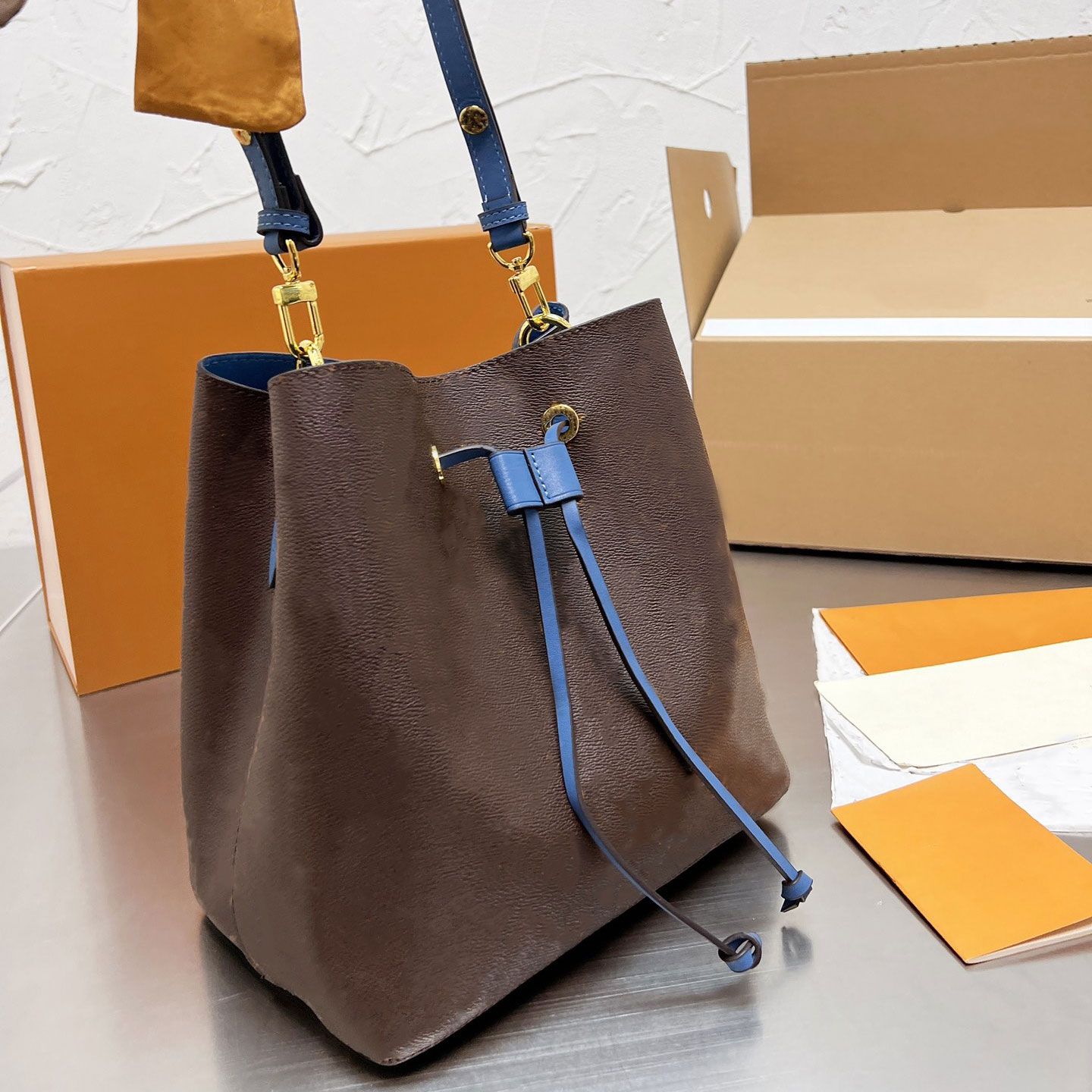 Designer Bucket Bag neonoe Leather Shoulder lady Bags Fashion Handbags Purses crossbody Women Classic women neo noe Plain String, Red