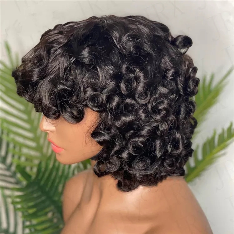 Funmi Human Hair Wig With Bangs Full Machine Made Deep Wave Short Rose Curly For Black Women Water Virgin Brazilian PixieCut Wig 150%density