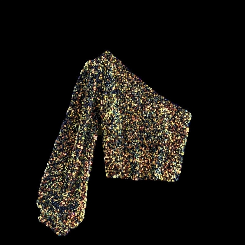 Fall Product Oblique Collar T-shirt Strapless Unilateral Puff Sleeve Slim Fit Short Sequined Top HK102 220307