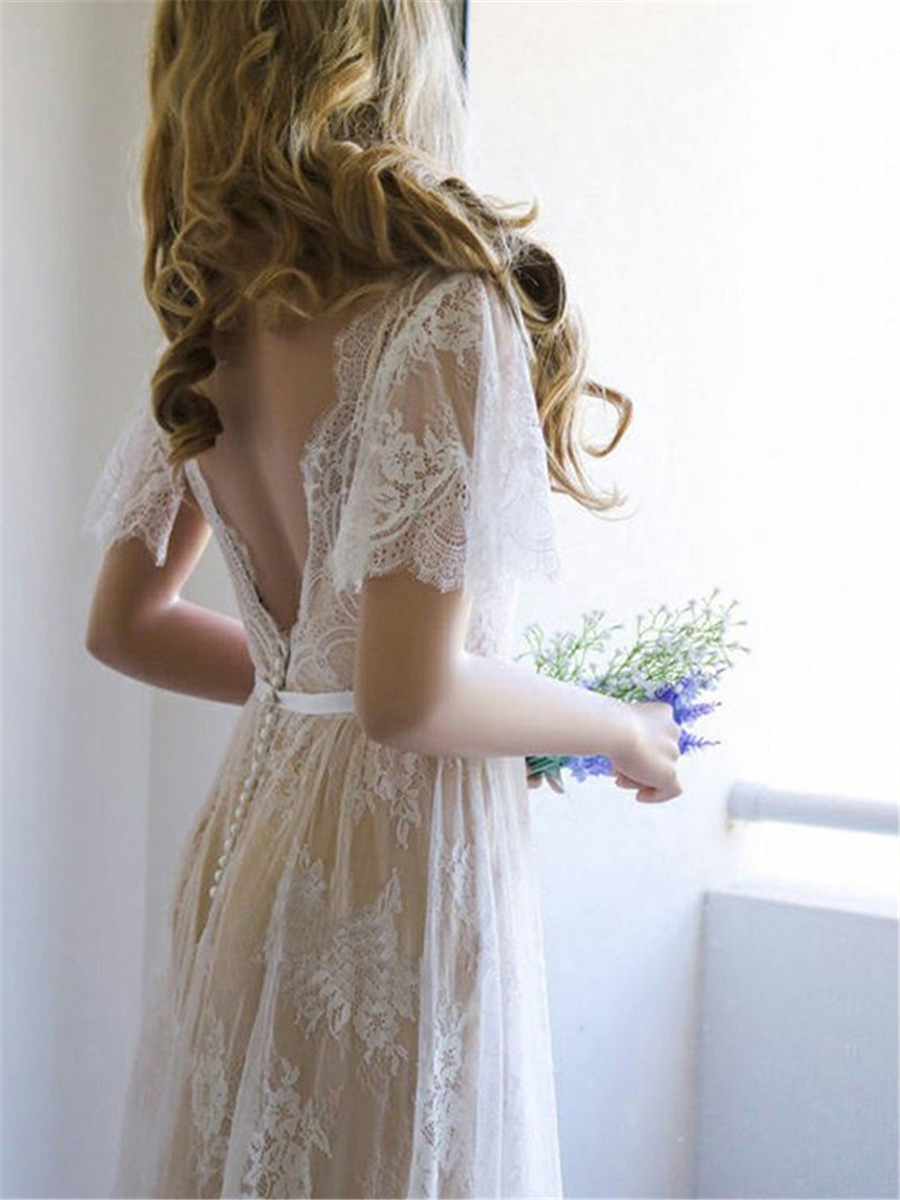 Champagne Lace V-neck A-e/Princess Train Brush Bohemian Wedding Dress Butterfly Sleeve Nude Bridal Dresses with Color
