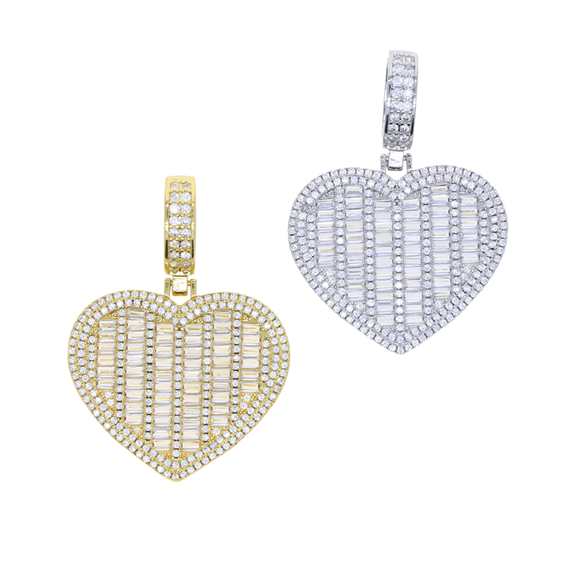 New arrived hip hop necklace paved 5a cz stoen sier gold plated heart pendant with tennis chain necklaces for women men lady wedding jewelry gift