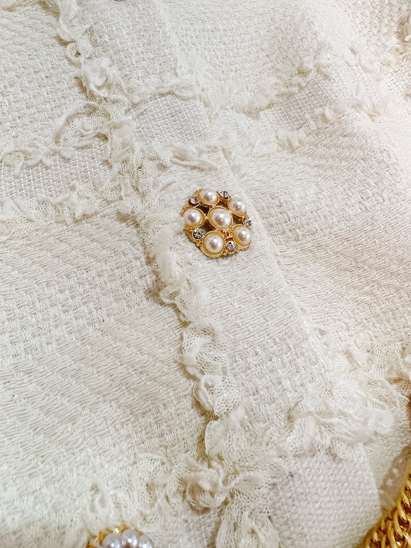 2022 Autumn Round Neck Tweed Belted Dress Ivory Short Sleeve Rhinestone Single-Breasted Dresses J2O3176311378