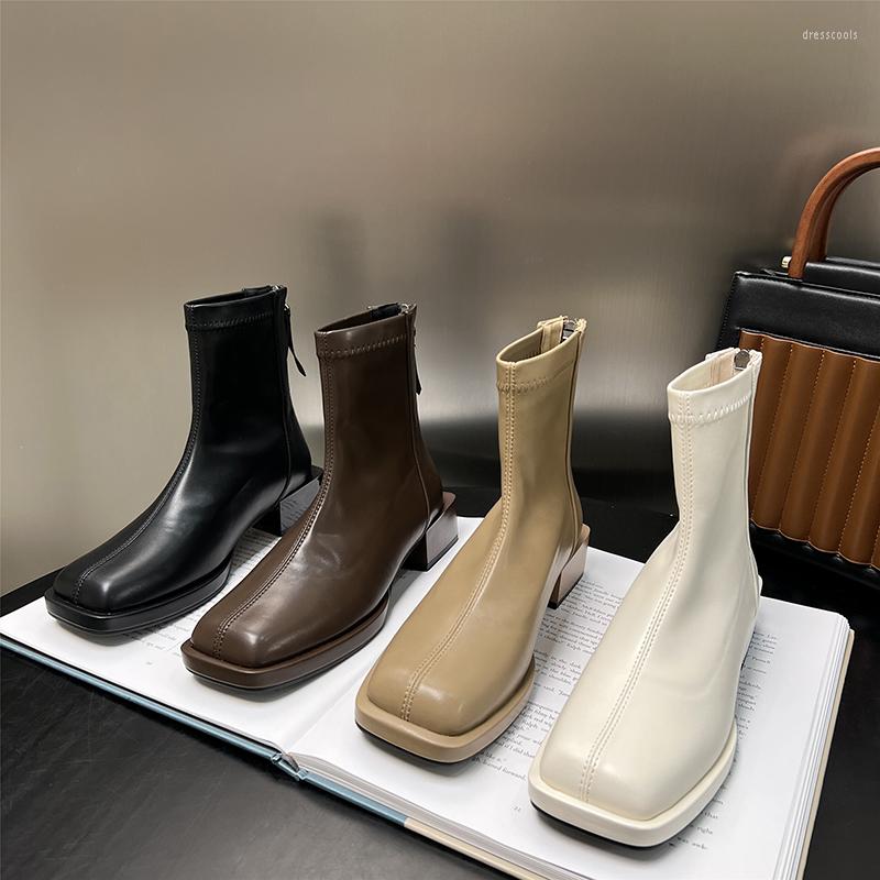 Boots Square Toe Women Ankle 2022 Arrivals Black Brown Beige White Sock Back Zipper Platform Shoes Flat Low Heels Bota
