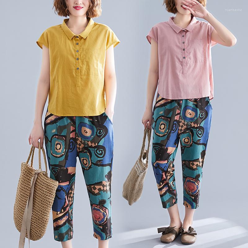 Women's Tracksuits Summer 2 Piece Set Women Turn-Down Collar Short Sleeve TShirts Cotton Linen Printing Loose Pants Suit Female Two-piece
Women's Tracksuits Summer 2 Piece Set Women Turn-Down Collar Short Sleeve TShirts Cotton Linen Printing Loose Pants Suit Female Two-piece
