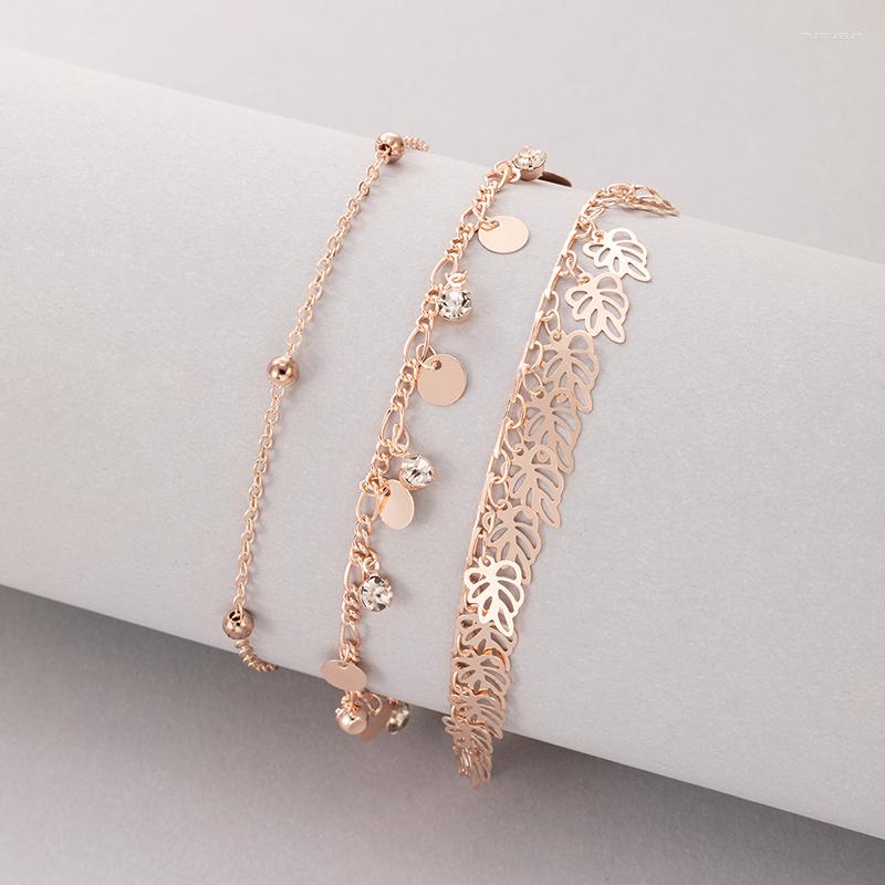 Anklets Fashion Leaves Anklet Set For Women Bohemian Geometry Rhinestone Tassel Foot Chains Lady Wedding Jewelry Wholesale 18047