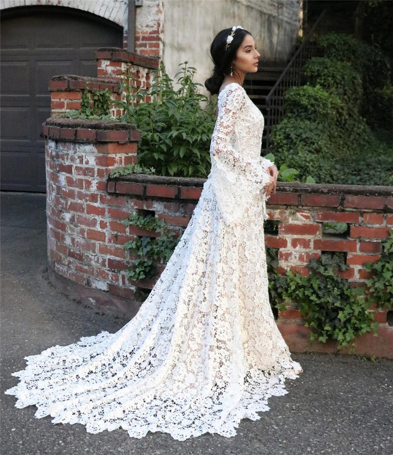 Lace Boho Wedding Dresses for Women Long Sleeve Backless A-e Bohemian Bride Dress Beach Bridal Gowns Vestidos De Novia
