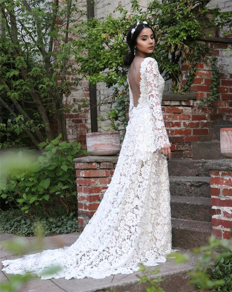 Lace Boho Wedding Dresses for Women Long Sleeve Backless A-e Bohemian Bride Dress Beach Bridal Gowns Vestidos De Novia