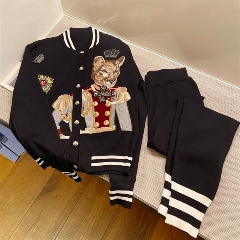 Womens Two Piece Pants Women Spring Autumn Dog Embroidery Baseball Coat Contrast Color Beaded Bomber Jacket Single Breasted Cardigan Sports 2pcs Suit 221030