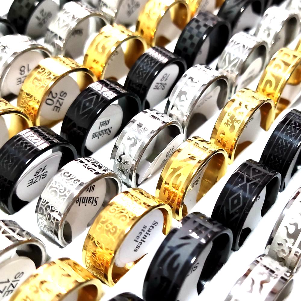 30pcs/lot Wholesale 8mm Stainless Steel Ring Etched Pattern Trendy Multi-Styles Mix Men Women Fashion Rings