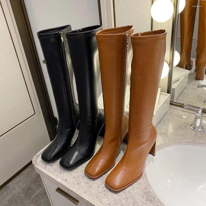 Boots Square Toe Women Knee High Heels Black Brown Side Zipper Sock Booties Knight Botas 2022 Arrivals Party Pumps Shoes Woman