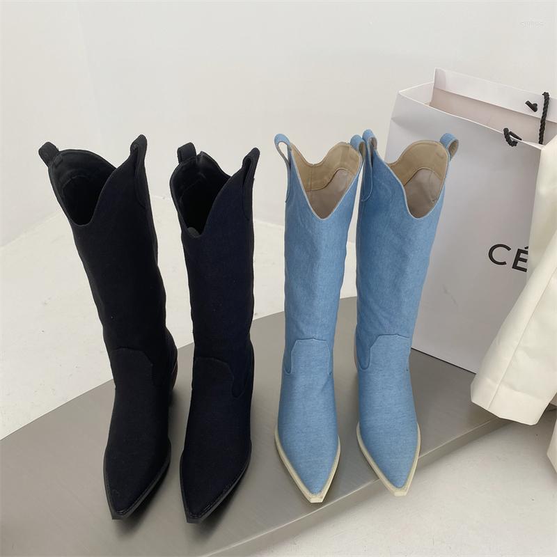 Boots Fashion Women Knee High Black Blue Denim Cloth Slip On Thick Mid Heels Pointed Toe Knight Botas Western Woman 35-39
Boots Fashion Women Knee High Black Blue Denim Cloth Slip On Thick Mid Heels Pointed Toe Knight Botas Western Woman 35-39