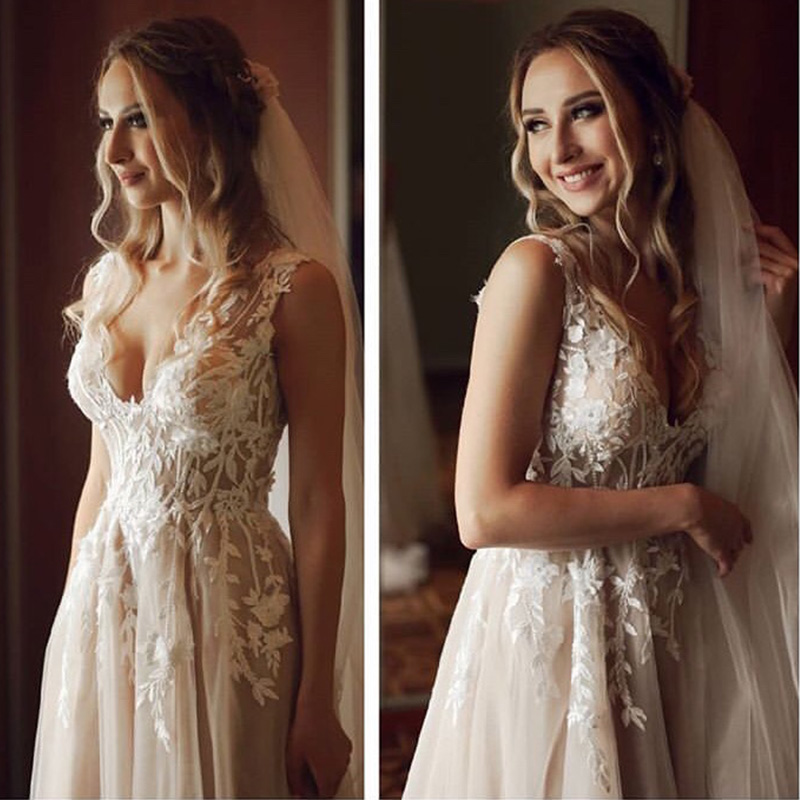 Sexy V-neck Boho Wedding Dress Sleeveless A-e Backless Appliques Gown Sofuge Vestido De Noiva Dubai Arabic Suknia Slubna