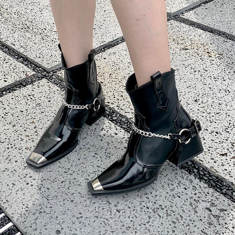 Boots Patent Leather Women Ankle Square Toe Thick Mid Heels Metal Chain Belt Buckle Short Winter Botas Western Booties 35-39, Black
Boots Patent Leather Women Ankle Square Toe Thick Mid Heels Metal Chain Belt Buckle Short Winter Botas Western Booties 35-39, Black