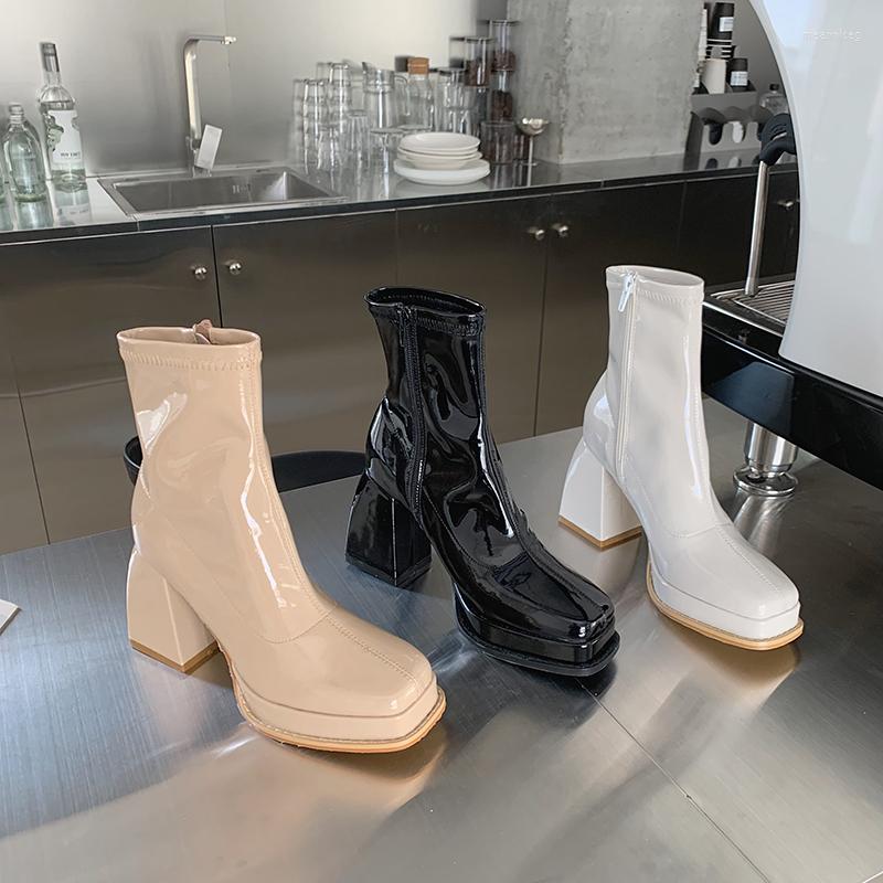 Boots Round Toe Women Ankle Patent Leather Thick High Heels Quality Stretch Shoes Black Beige White Sock Booties Platform
Boots Round Toe Women Ankle Patent Leather Thick High Heels Quality Stretch Shoes Black Beige White Sock Booties Platform