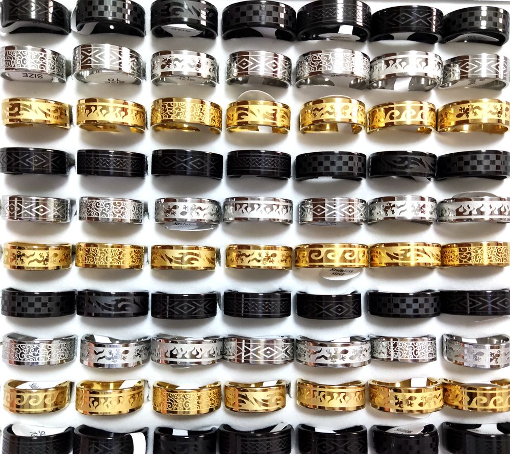 30pcs/lot Wholesale 8mm Stainless Steel Ring Etched Pattern Trendy Multi-Styles Mix Men Women Fashion Rings