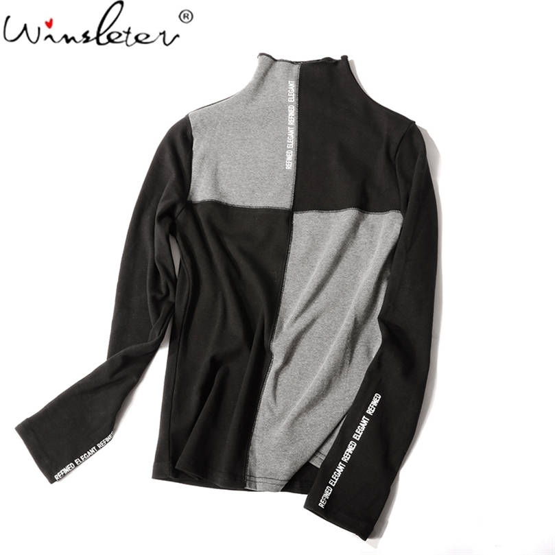 Women Spring/Autumn Slim T-Shirt Patchwork Bottoming Long Sleeve Casual Korean Minimalist Triko Top Tees Sanded T07833B 220307