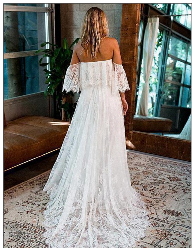 Off Shoulder Lace Fabric Flare Sleeve A e Beach Wedding Dress Bridal Gown
