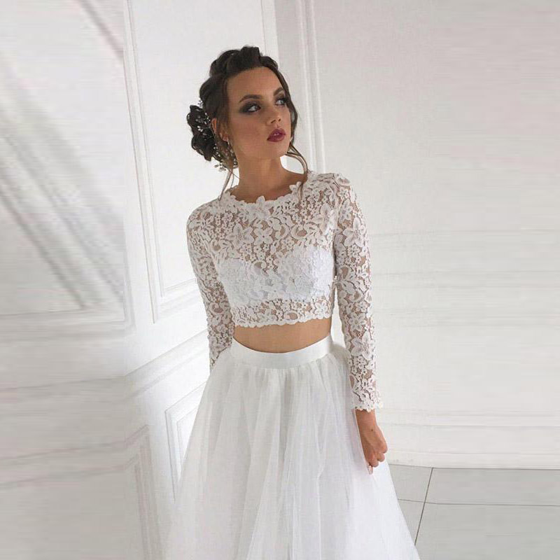 Charming On Sale Two Pieces Lace Long Sleeve Bridal Gowns Jewel Neck Illusion Back Wedding Dresses for Bride Full Length