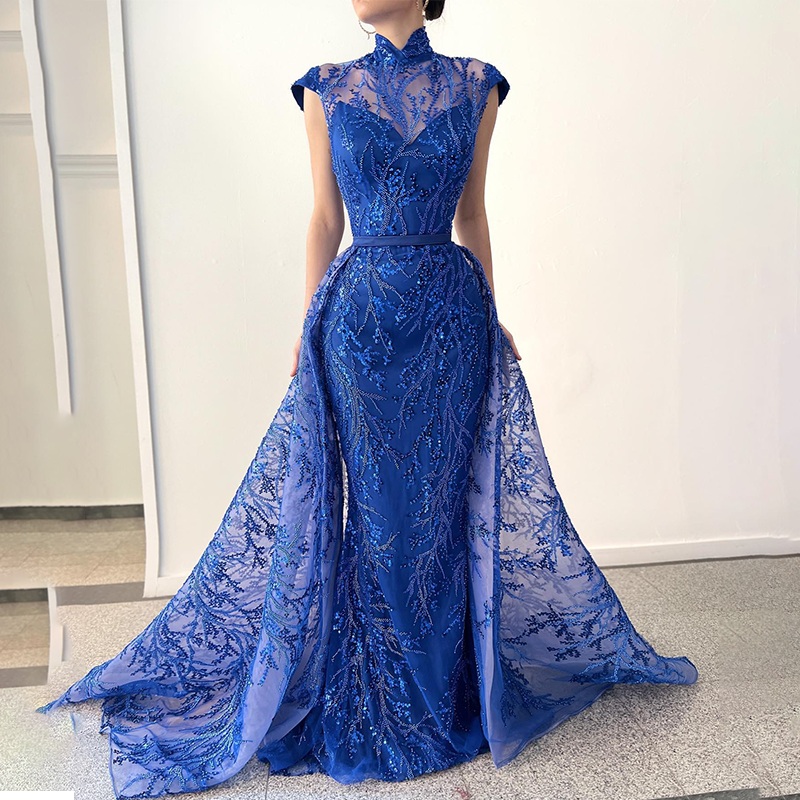 Elegant Prom Dress Mermaid Layered Evening Dress High Collar Jewel Stain Net with Applique Beaded Custom Made Formal Dubai Dress Plus Size Robes