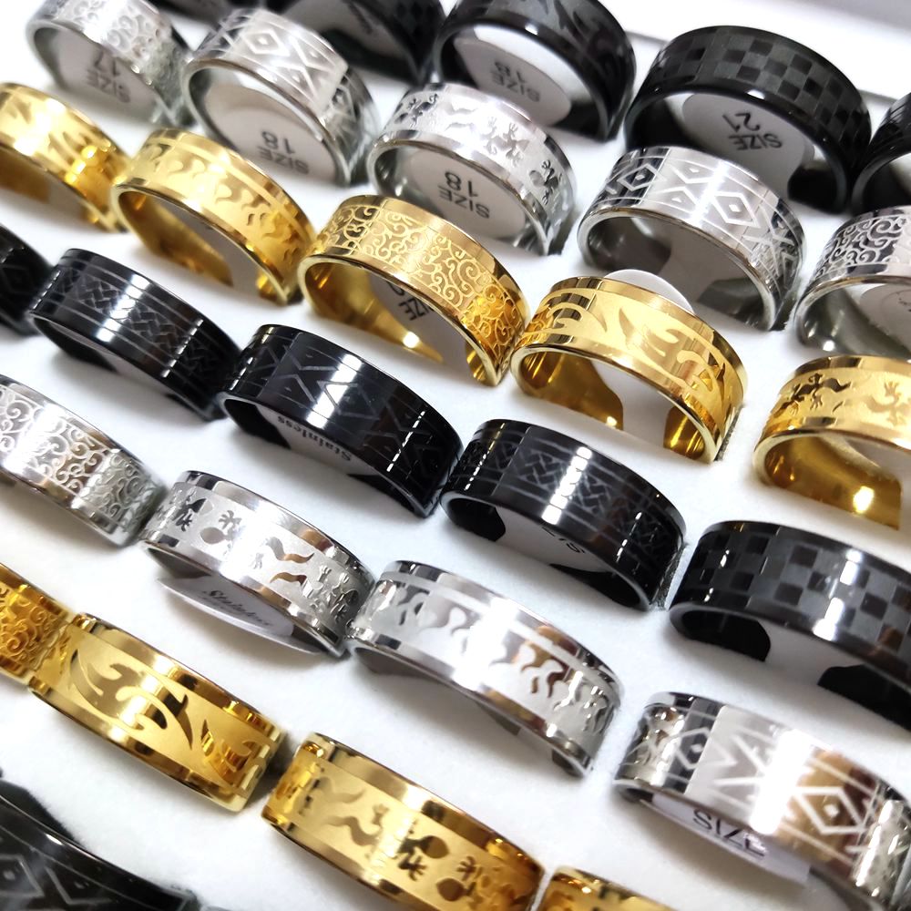 30pcs/lot Wholesale 8mm Stainless Steel Ring Etched Pattern Trendy Multi-Styles Mix Men Women Fashion Rings