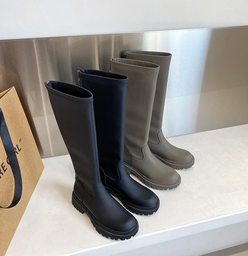 Boots Round Toe Women Knee High Flat Heeled Side Zipper Low Heels Grey Black Autumn Winter Botas Size 35-39 Sock