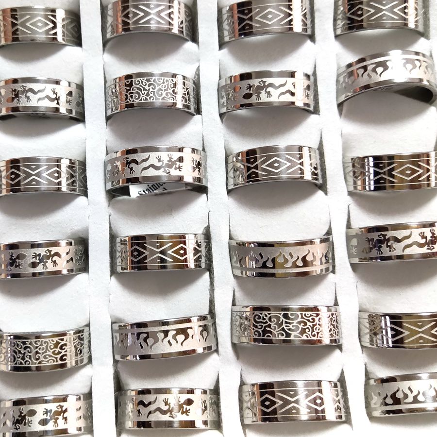 30pcs/lot Wholesale 8mm Stainless Steel Ring Etched Pattern Trendy Multi-Styles Mix Men Women Fashion Rings