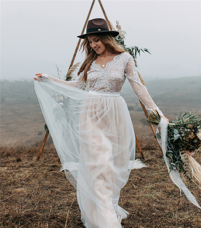 Long Sleeve Boho Wedding Dresses for Women Bride V-Neck A-e Beach Bridal Gowns Bohemian Marriage Dress Vestidos De Noiva