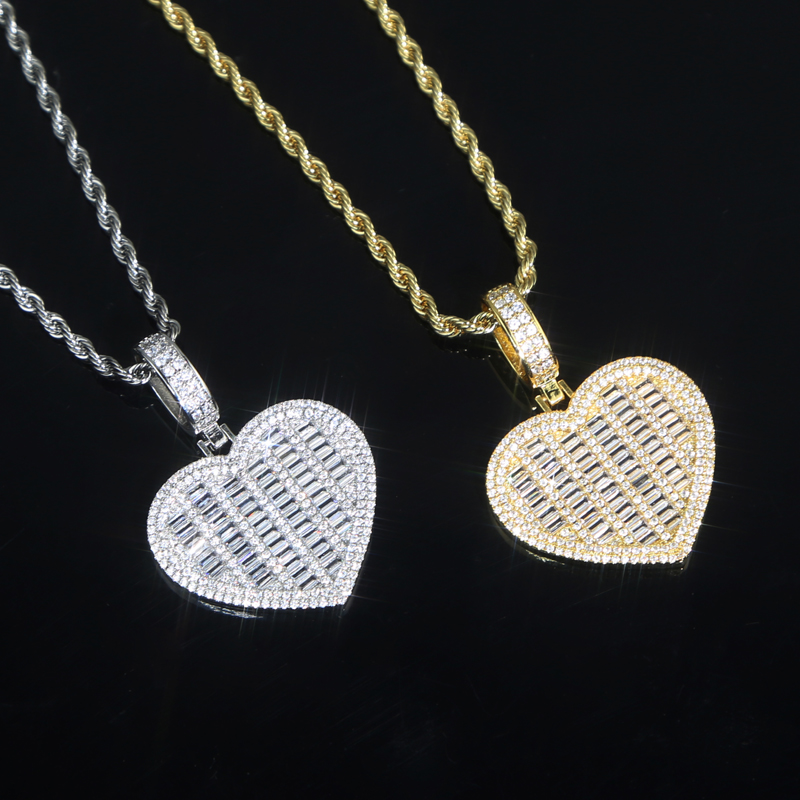 New arrived hip hop necklace paved 5a cz stoen sier gold plated heart pendant with tennis chain necklaces for women men lady wedding jewelry gift