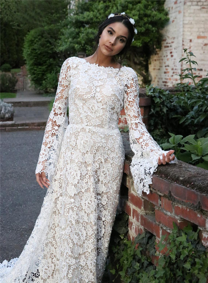Lace Boho Wedding Dresses for Women Long Sleeve Backless A-e Bohemian Bride Dress Beach Bridal Gowns Vestidos De Novia
