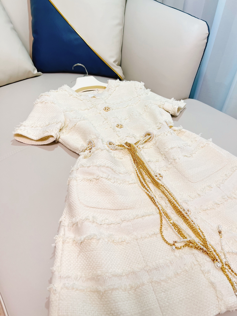 2022 Autumn Round Neck Tweed Belted Dress Ivory Short Sleeve Rhinestone Single-Breasted Dresses J2O3176311378