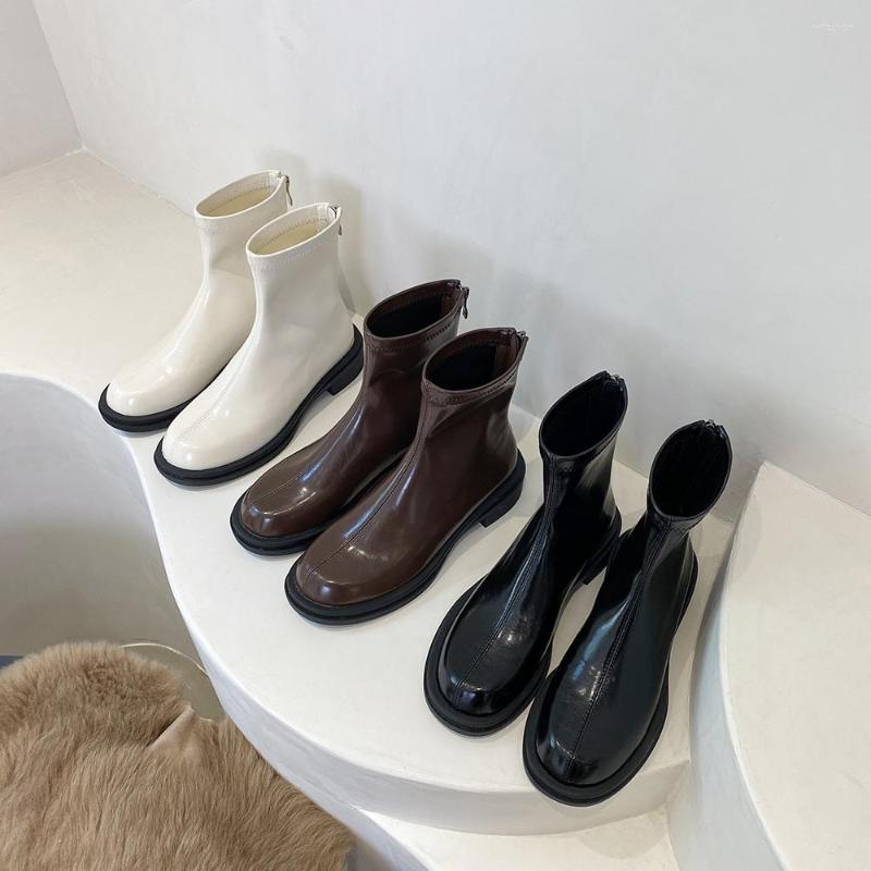 Boots Round Toe Women Ankle Stretch Shoes Flat Mid Heels Back Zipper Sock Booties 2022 Fashion Party Short Woman 35-39, Brown