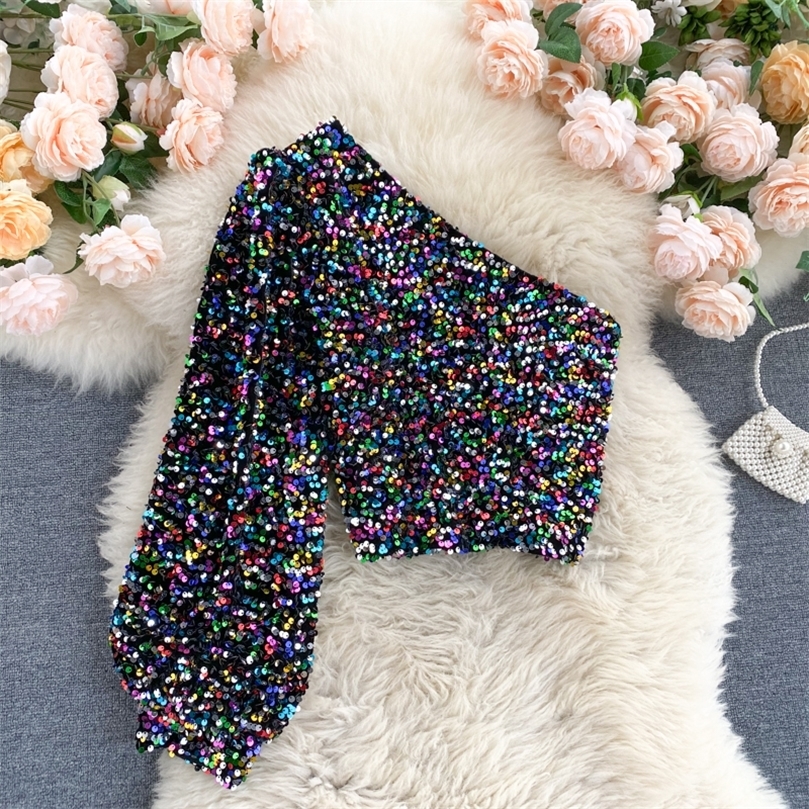 Fall Product Oblique Collar T-shirt Strapless Unilateral Puff Sleeve Slim Fit Short Sequined Top HK102 220307