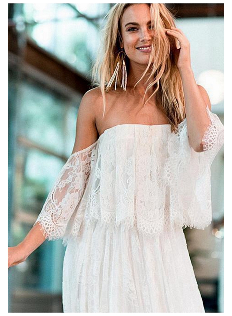 Off Shoulder Lace Fabric Flare Sleeve A e Beach Wedding Dress Bridal Gown