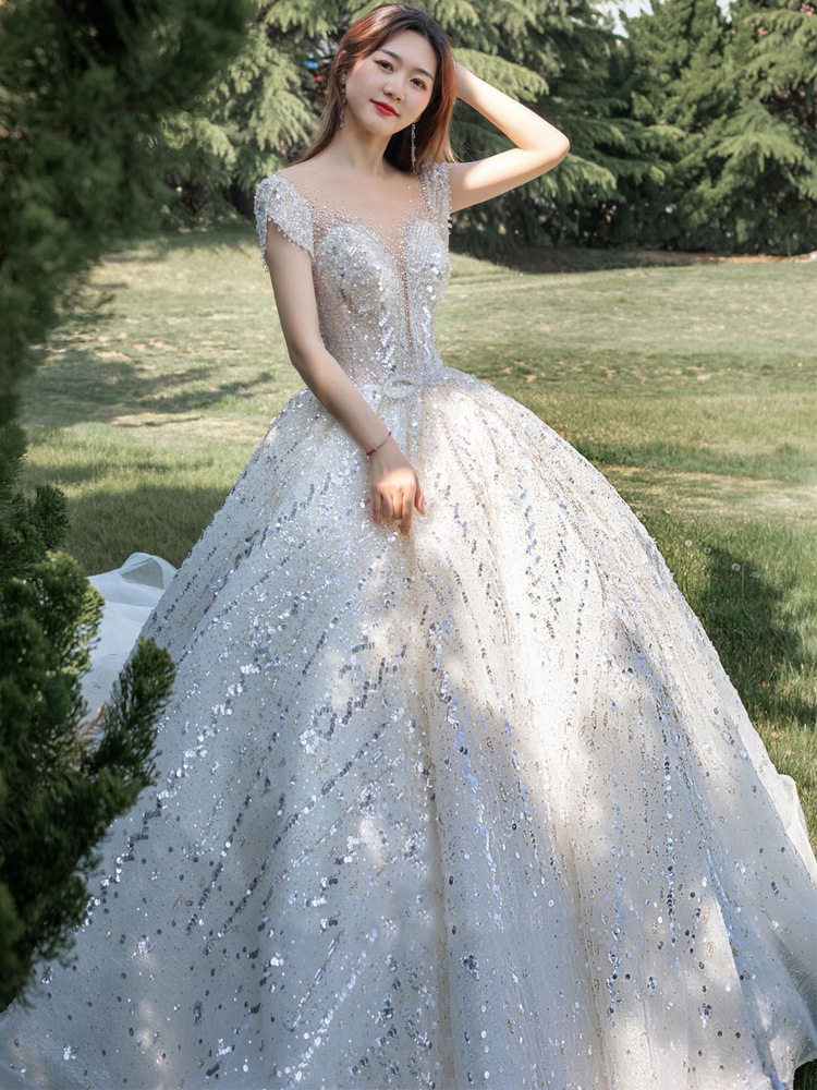 Full Lace Ball Gown Backless Princess Wedding Dresses Off Shoulder Appliqued Ruched Court Train Bridal Gowns sequined Plus Size Maternity Dress