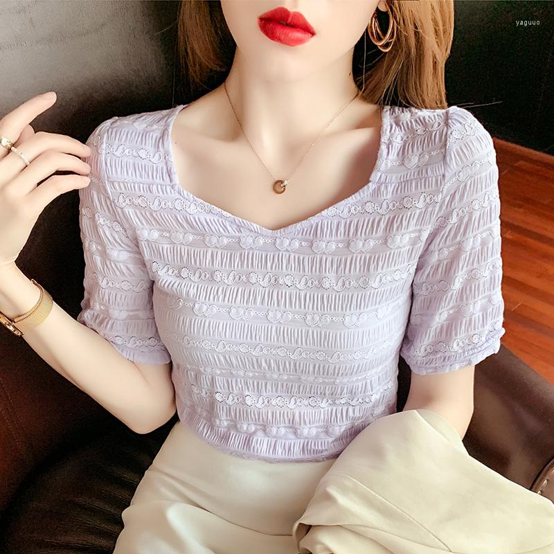 Women' Blouses Korean Short Sleeve Female 2022 Summer Elegant V-neck Lace Chiffon Shirt Women White Green Black Blusas Purple Drop 2228
Women' Blouses Korean Short Sleeve Female 2022 Summer Elegant V-neck Lace Chiffon Shirt Women White Green Black Blusas Purple Drop 2228