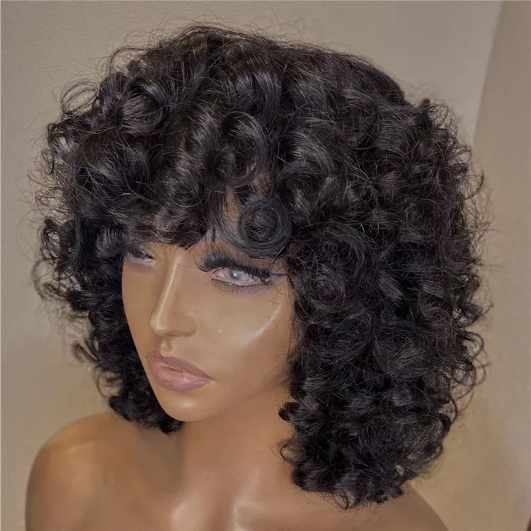 Funmi Human Hair Wig With Bangs Full Machine Made Deep Wave Short Rose Curly For Black Women Water Virgin Brazilian PixieCut Wig 150%density