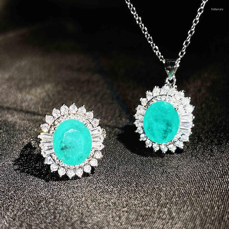 Necklace Earrings Set Luxury S925 Oval Jewelry Dazzling Paraiba Tourmaline Flower Pendant Promise Ring For Women Wedding Engagement, Picture shown
Necklace Earrings Set Luxury S925 Oval Jewelry Dazzling Paraiba Tourmaline Flower Pendant Promise Ring For Women Wedding Engagement, Picture shown