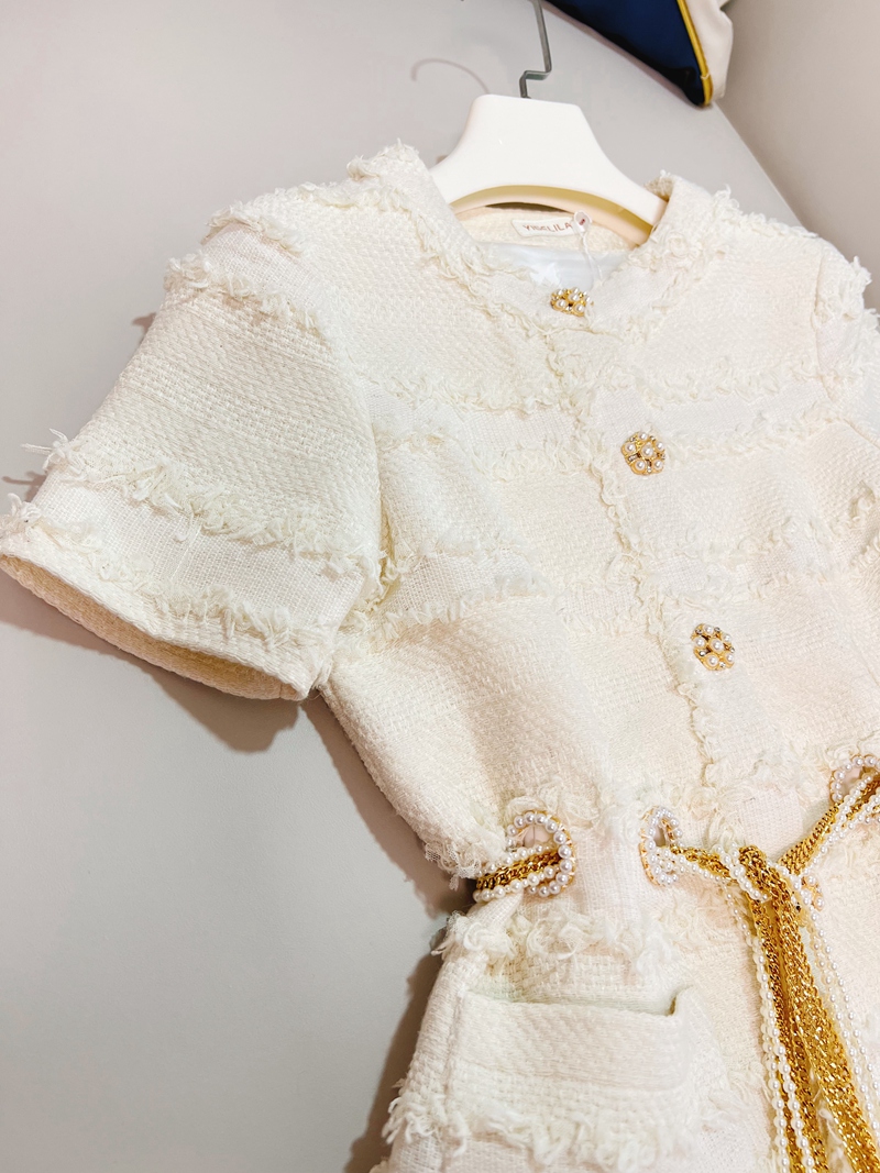 2022 Autumn Round Neck Tweed Belted Dress Ivory Short Sleeve Rhinestone Single-Breasted Dresses J2O3176311378