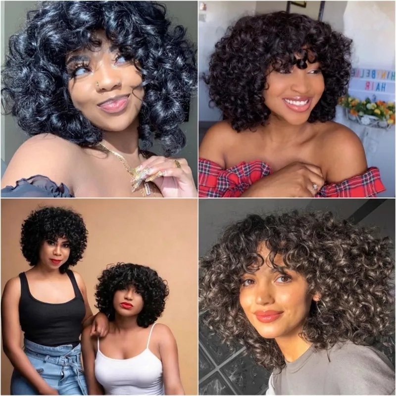 Funmi Human Hair Wig With Bangs Full Machine Made Deep Wave Short Rose Curly For Black Women Water Virgin Brazilian PixieCut Wig 150%density