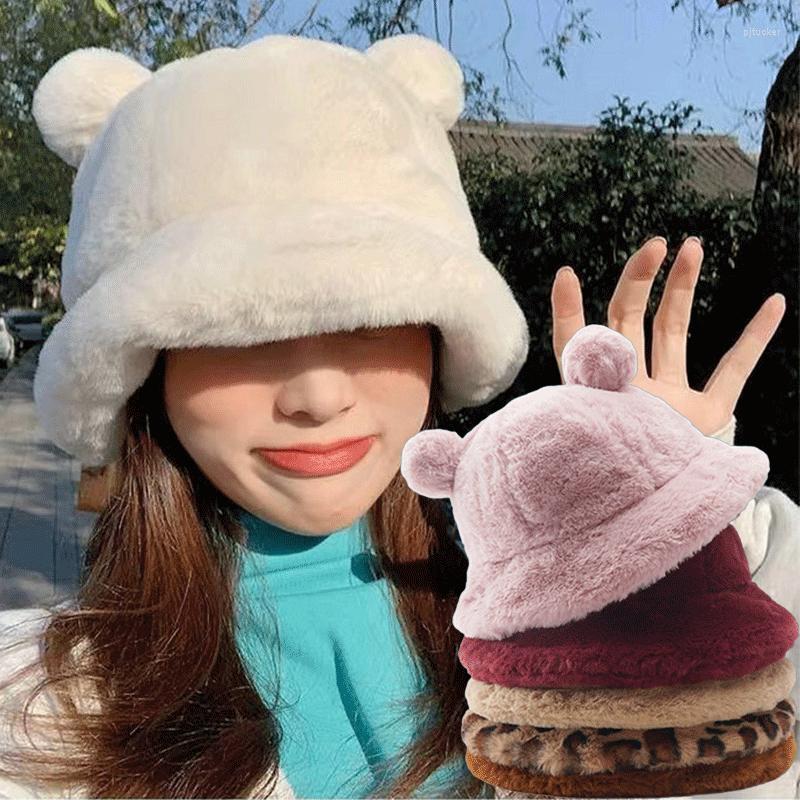 Berets Fashion Autumn Winter Leopard Fur Bucket Hat Bear Ear Ball Plush Fisherman Soft Warm Thick Basin Protection Hats, White
Berets Fashion Autumn Winter Leopard Fur Bucket Hat Bear Ear Ball Plush Fisherman Soft Warm Thick Basin Protection Hats, White