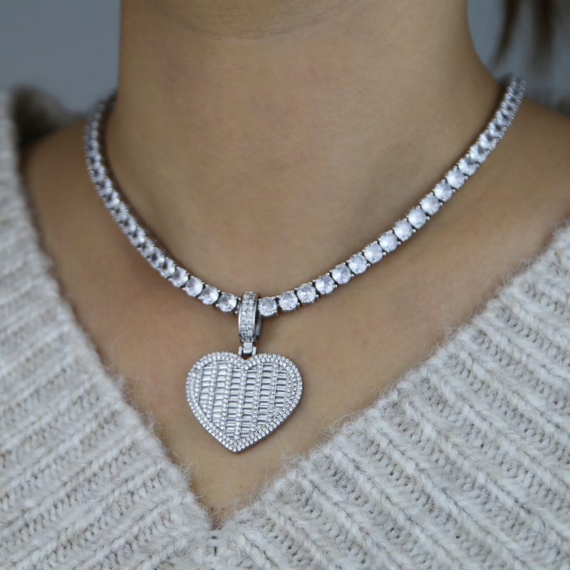 New arrived hip hop necklace paved 5a cz stoen sier gold plated heart pendant with tennis chain necklaces for women men lady wedding jewelry gift