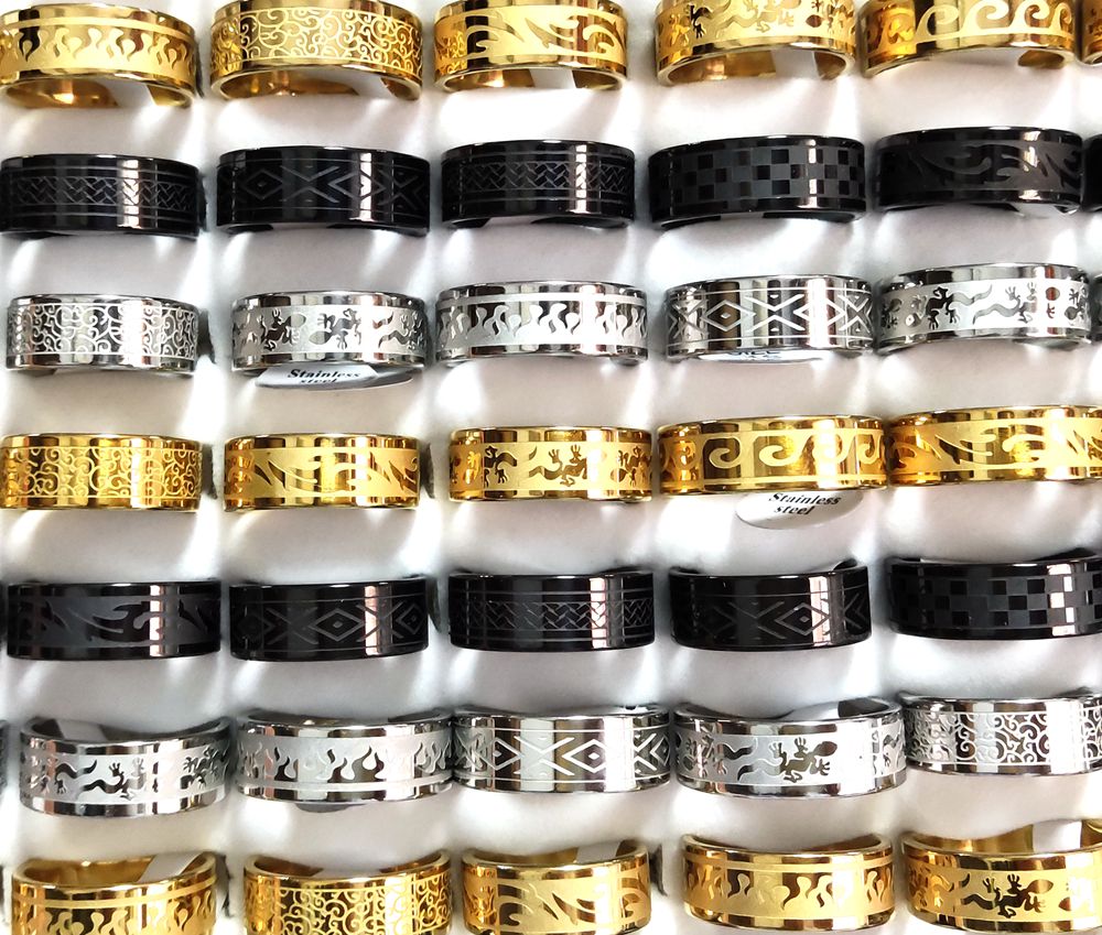 30pcs/lot Wholesale 8mm Stainless Steel Ring Etched Pattern Trendy Multi-Styles Mix Men Women Fashion Rings